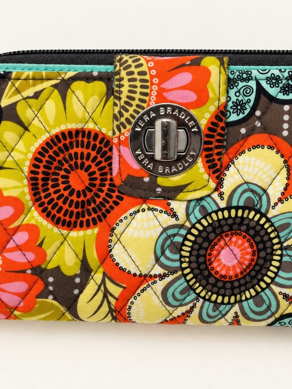 Vera Bradley Flower Shower Turn Lock Wallet Quilted Floral Turquoise Interior